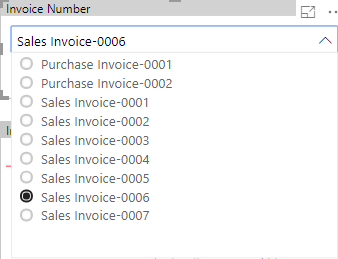 Screenshot of the filter for invoice numbers